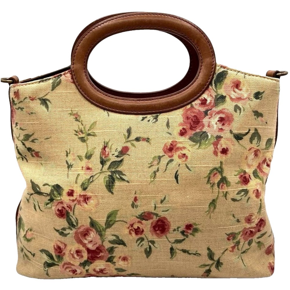 Vintage Fossil Floral Canvas Crossbody Satchel Leather Handles Shoulder Purse